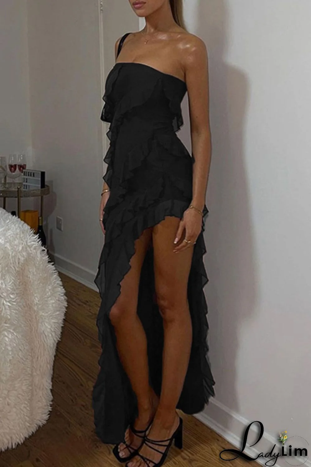 Pink Sexy Solid Patchwork Flounce Slit Asymmetrical Strapless Long Dress Dresses