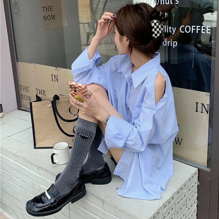 Dubeyi Shoulder Blue Striped Long Sleeve Women Chemise Femme Chic High Street Blouse Oversize Hollow Out Shirts Turn Down Collar