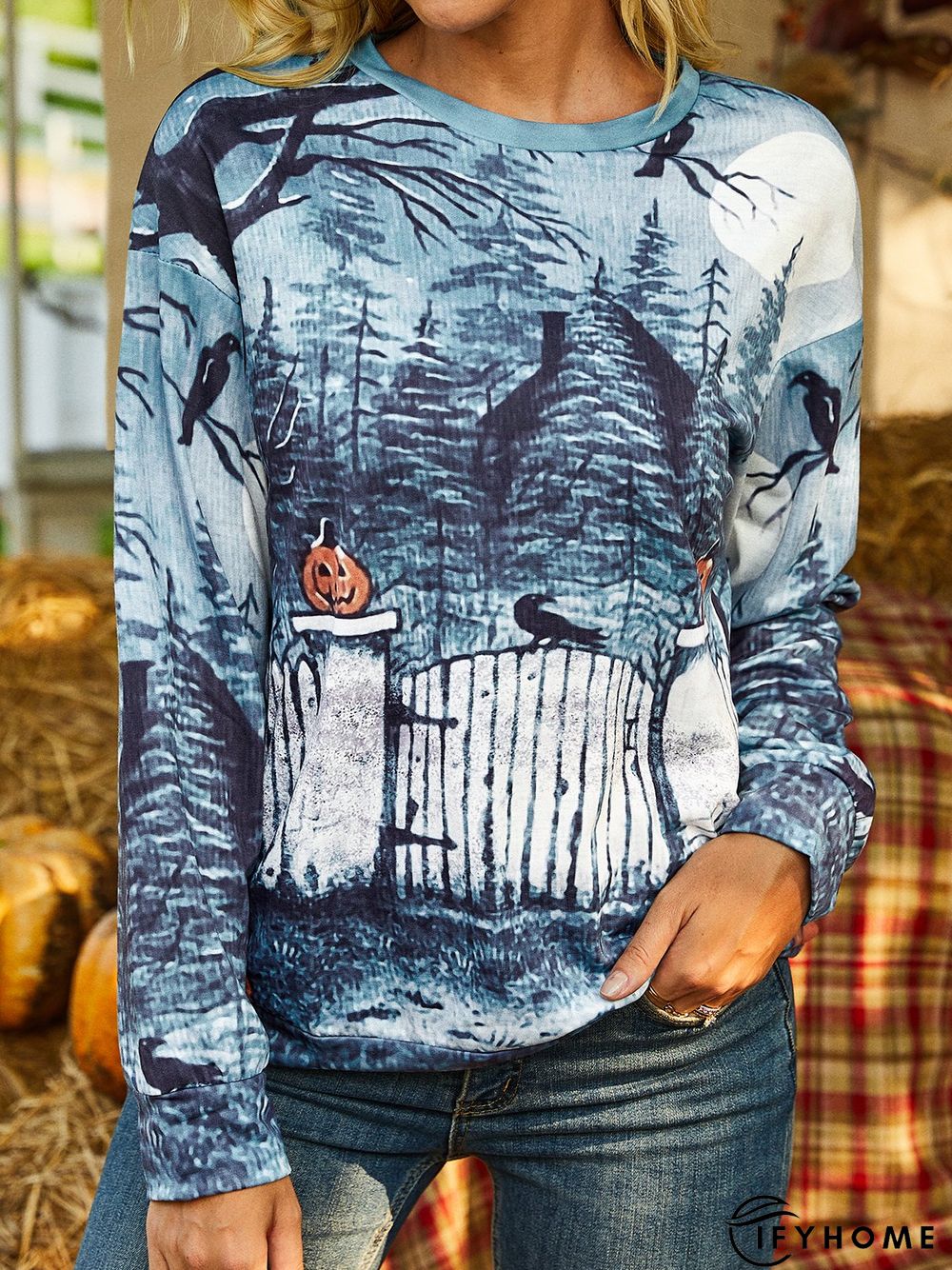 Light Blue Crew Neck Printed Outdoor Sweatshirt | IFYHOME