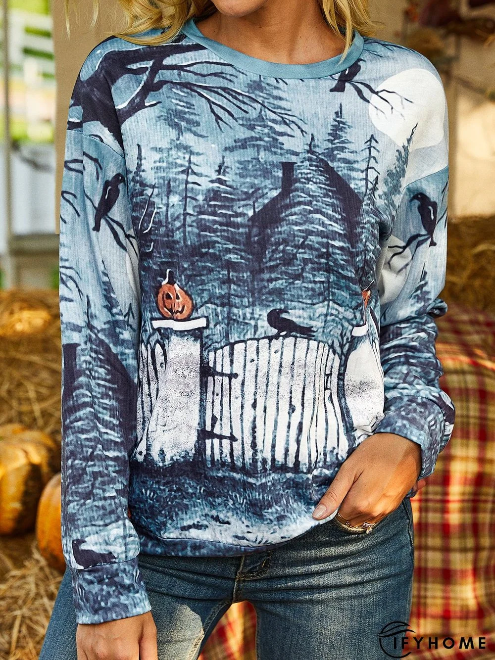 Light Blue Crew Neck Printed Outdoor Sweatshirt | IFYHOME