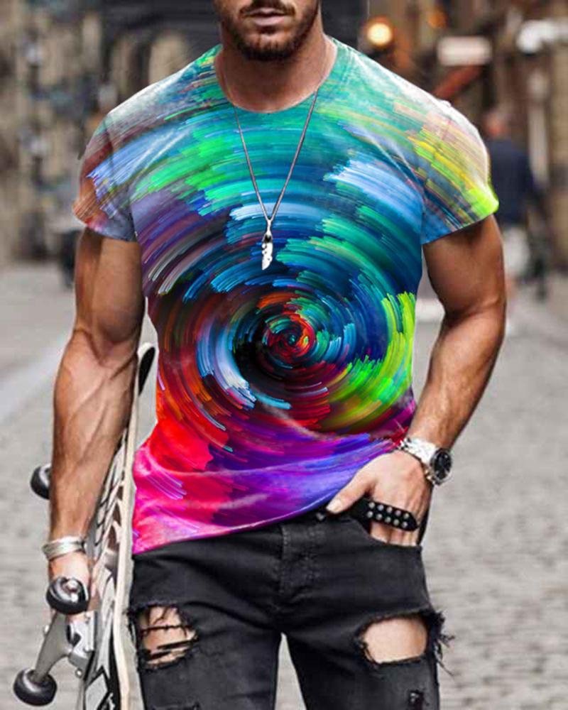 Fashion Style Gradient Color Rotating Stripe Short-sleeved T-shirt