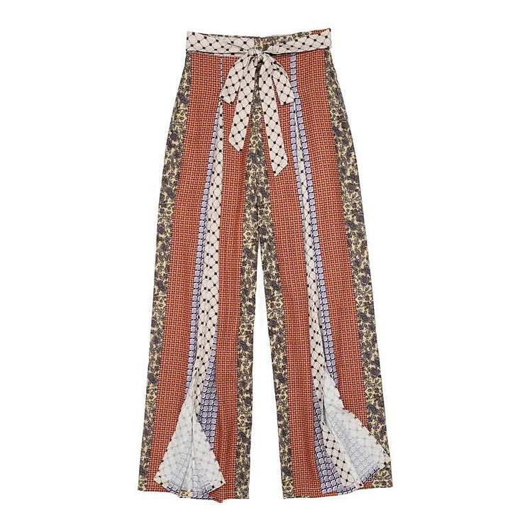 Colorblock Printed Flowy Boho Wide Leg Split Casual Pants - Modakawa modakawa