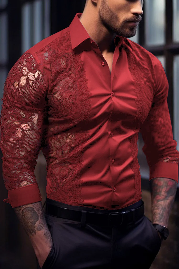 Lace Satin Patchwork Slim Fit Casual Red Shirt