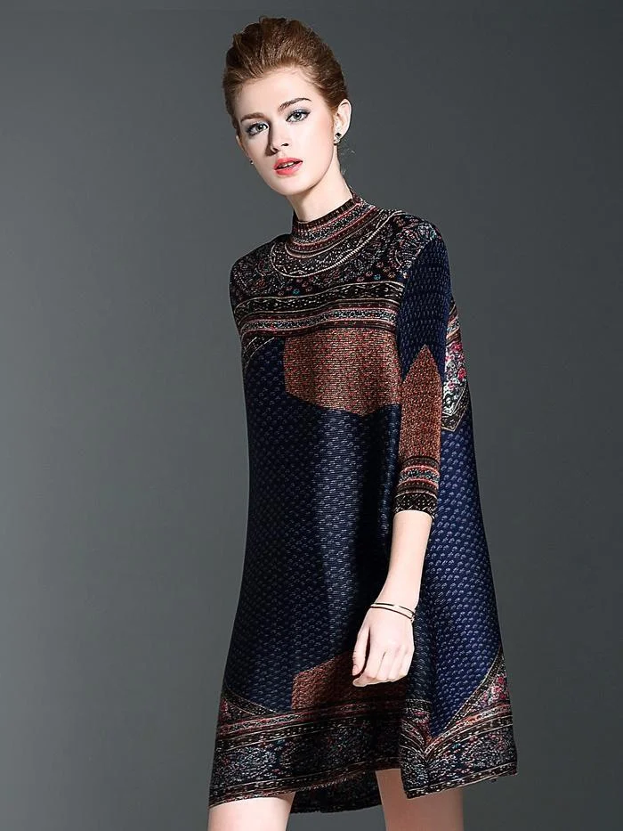 Fashion printed three-quarter sleeve loose stretch pleated dress