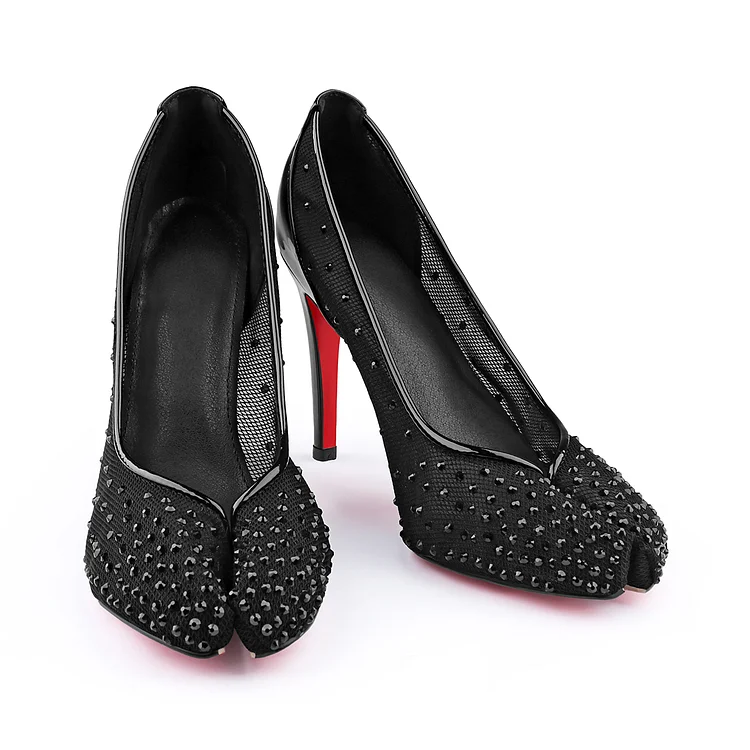 100mm Women's Split Toe Hoof Horseshoes High heels Muslin Sparkling Diamond Red Bottom Pumps VOCOSI VOCOSI