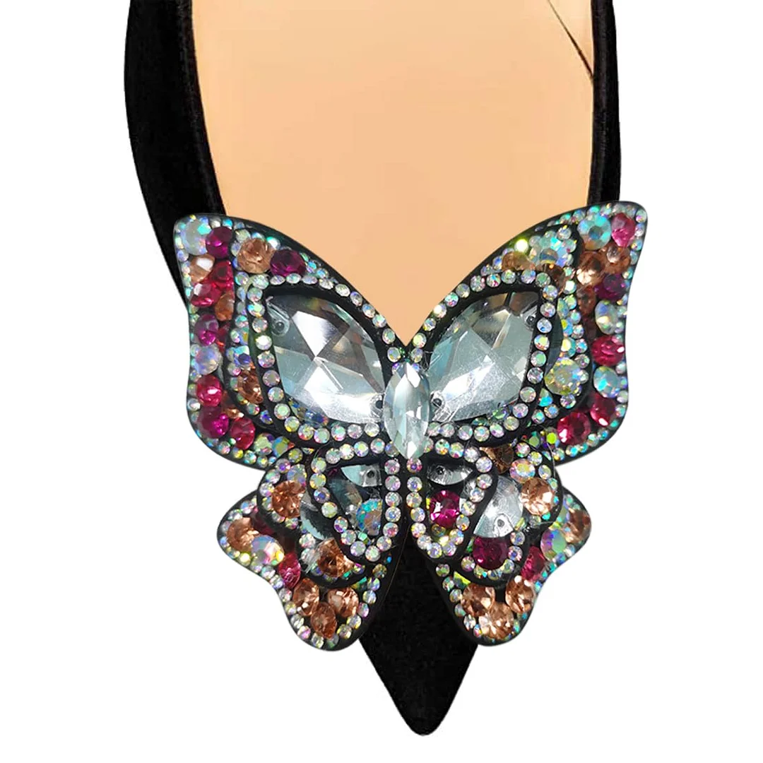 Black Faux Suede Pointed Toe Rhinestone Embellished Butterfly Pumps 