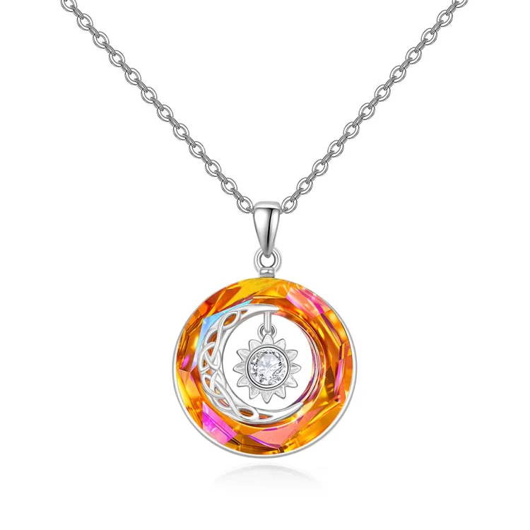 For Friend - S925 Thank You for Being My Squad Crystal Moon and Sun Necklace In Orange