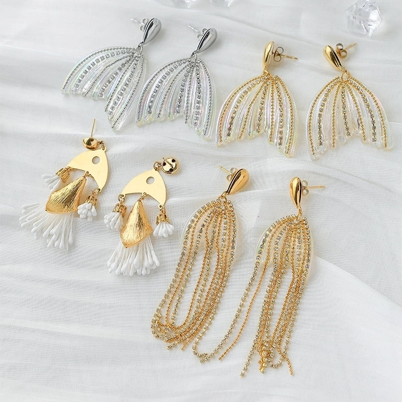 1 Pair Vintage Style Beach IG Style Water Droplets Tassel Fish Tail Inlay 304 Stainless Steel Diamond 14K Gold Plated Drop Earrings