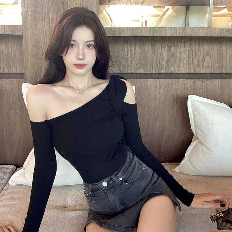 tlbang Women Autumn Long-sleeve Asymmetrical Sexy Ins Chic Fashion Office Lady All-match Solid Tops Casual Elegant New Clothes