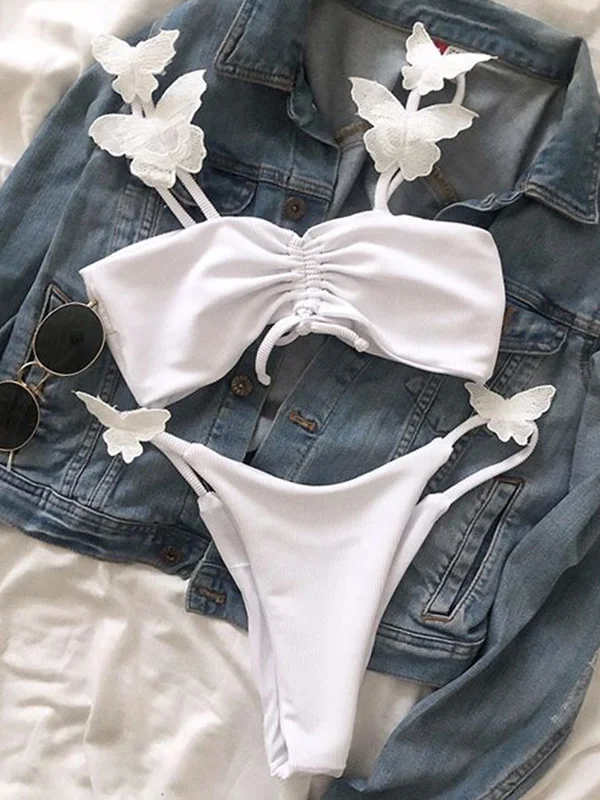 Butterflies Spaghetti-Neck Drawstring Bralette Brazilian Bikini Swimwear