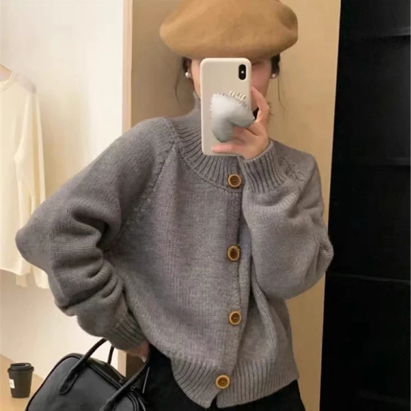 Churchf Churchf Autumn And Winter New Korean Retro Standing Collar Single Row Button Sweater Women's Small Short Knit Cardigan