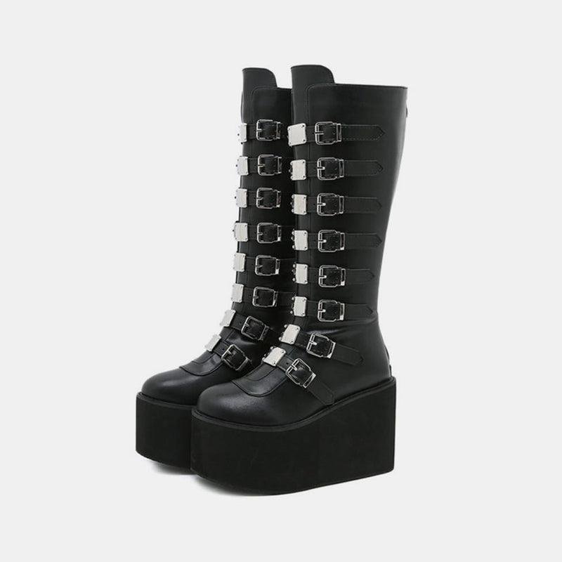 High-top Metal Button PU Thick High-heel Martin Boots
