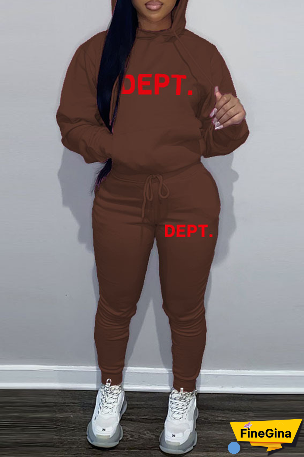 Brown Street Vintage Print Draw String Letter Hooded Collar Long Sleeve Two Pieces