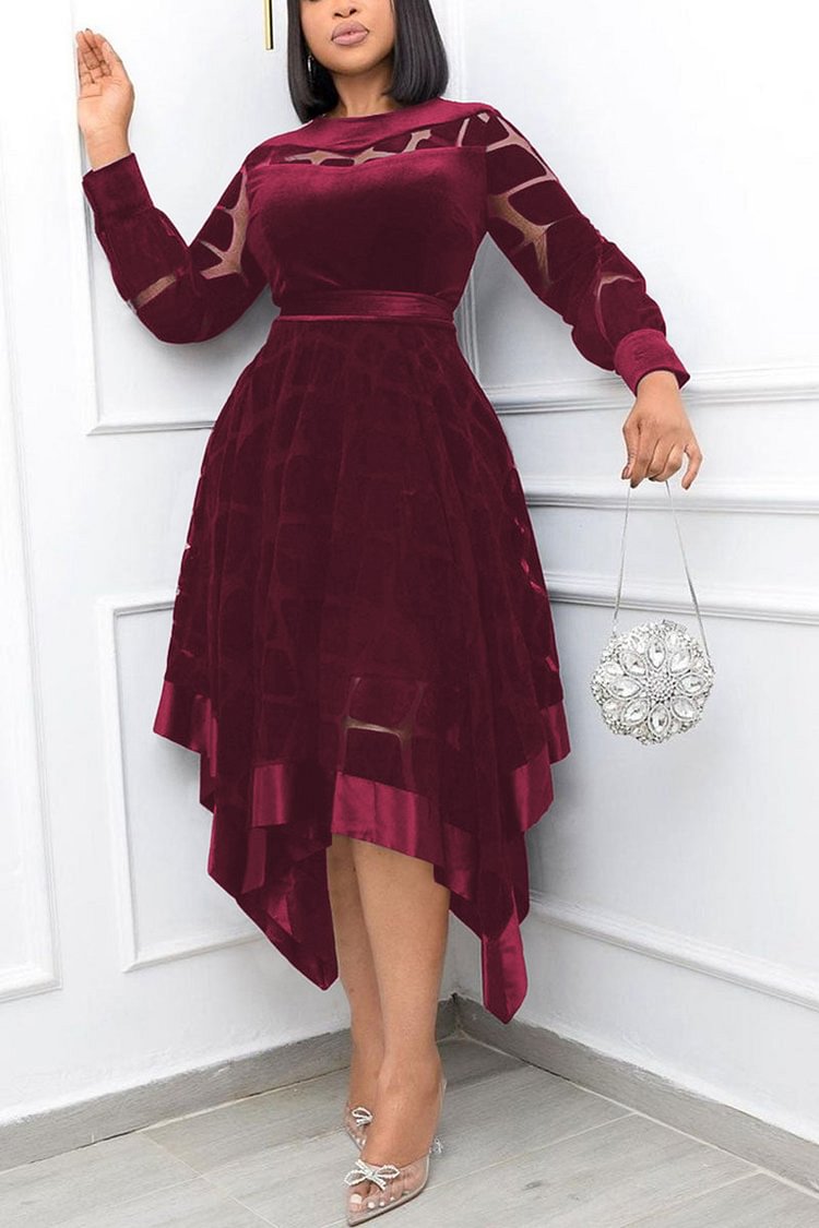 Xpluswear Plus Size Elegant Burgundy See-through With Belt Long Sleeve O Neck Velvet Midi Dress