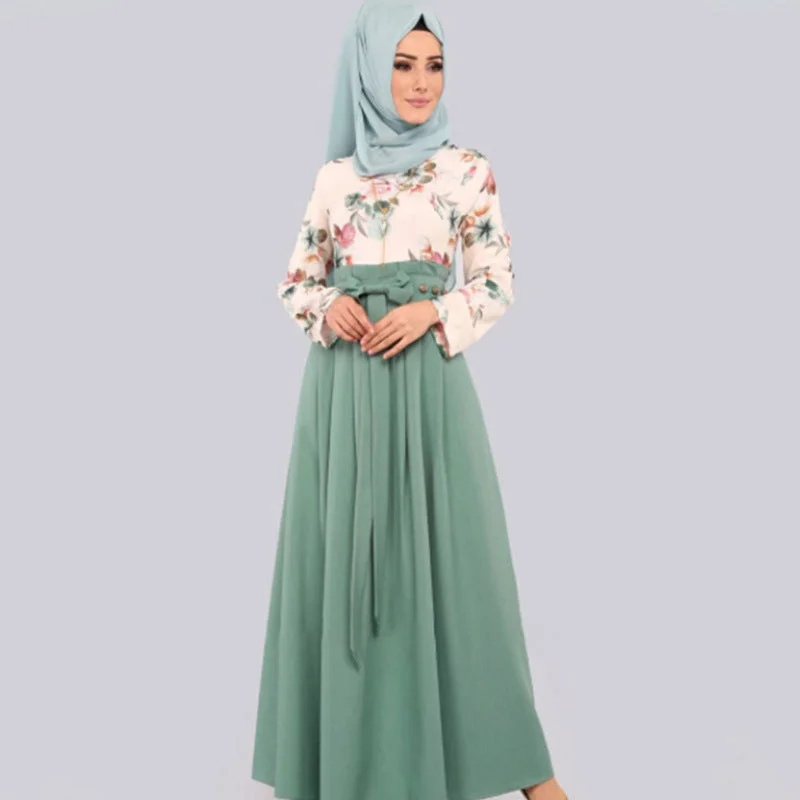 Uveng Women Temperament Commute Printed Long Sleeve Patchwork Dress