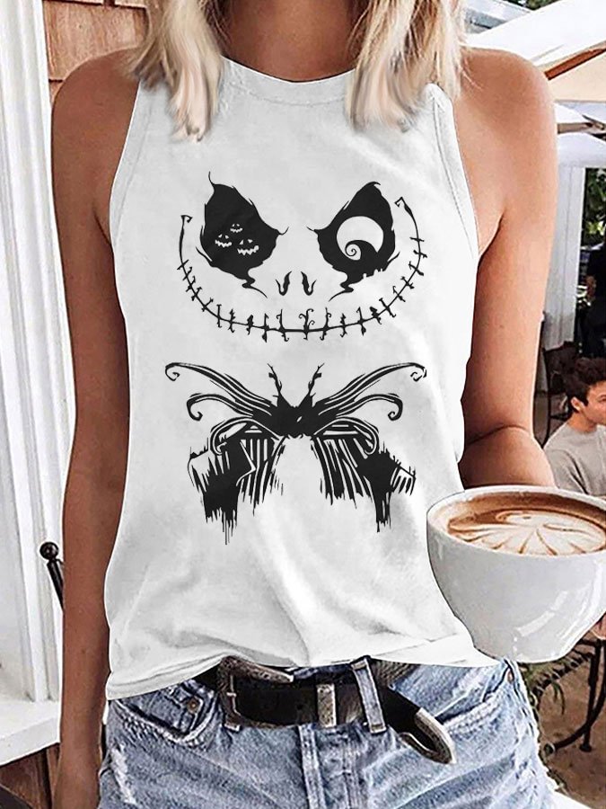 Women's Halloween Skull Face Print Sleeveless T-Shirt