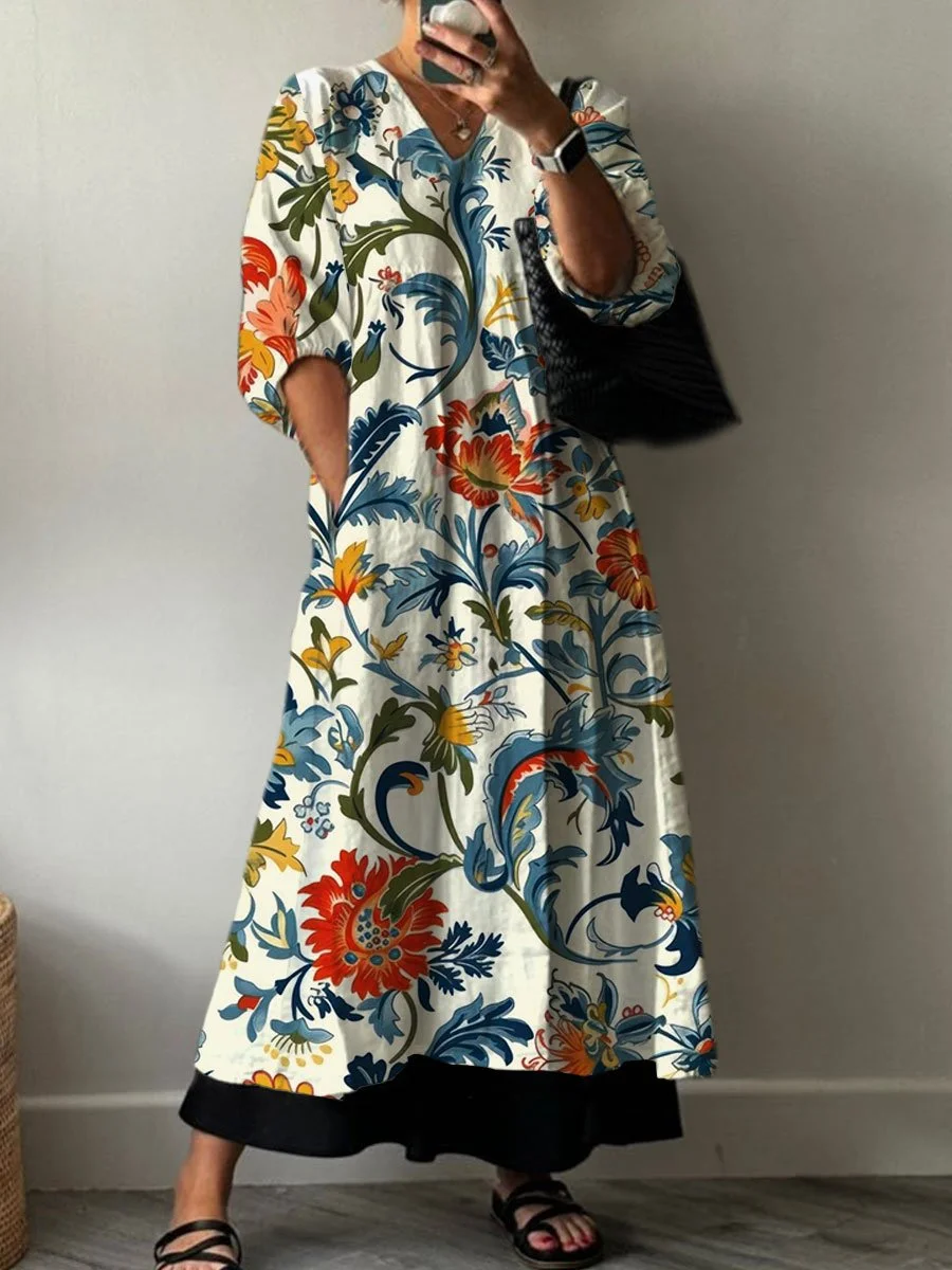 Women's Vintage Floral Print Pocket V-neck Cotton Dress