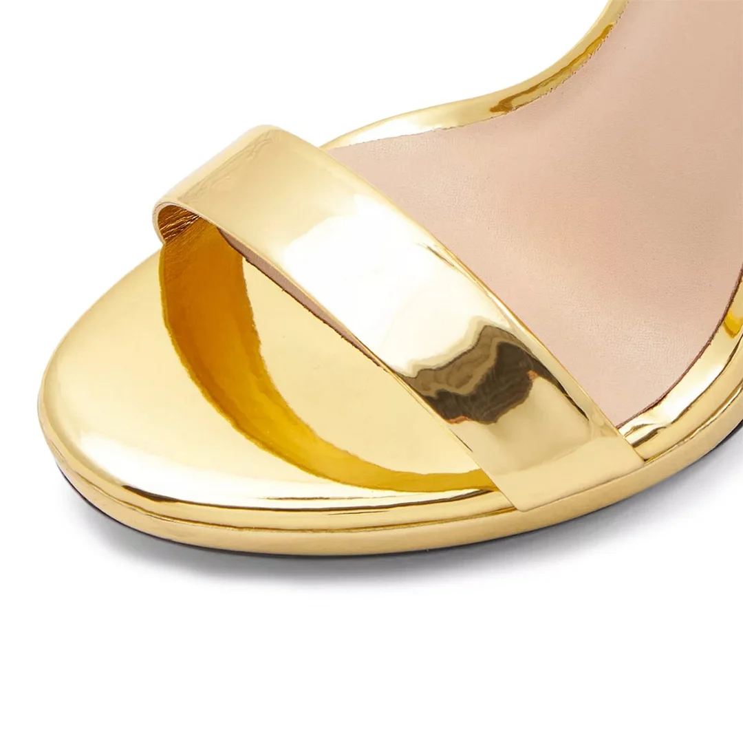 Round Toe Stiletto Heel Buckle Gold Sandals for Women with Platform