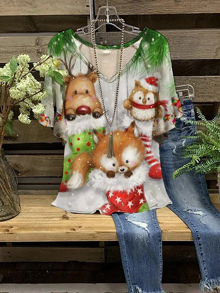 Women's Christmas Theme V Neck Ruffle Sleeve Casual Tops