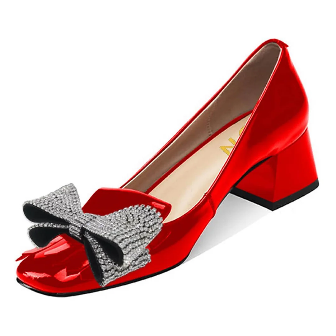 Red Square Toe Fringe Chunky Heel Rhinestone Bow Pumps Shoes