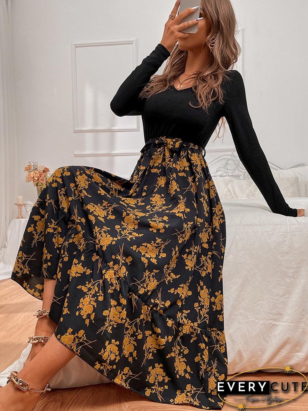 Casual Long Sleeve Floral Maxi Dress