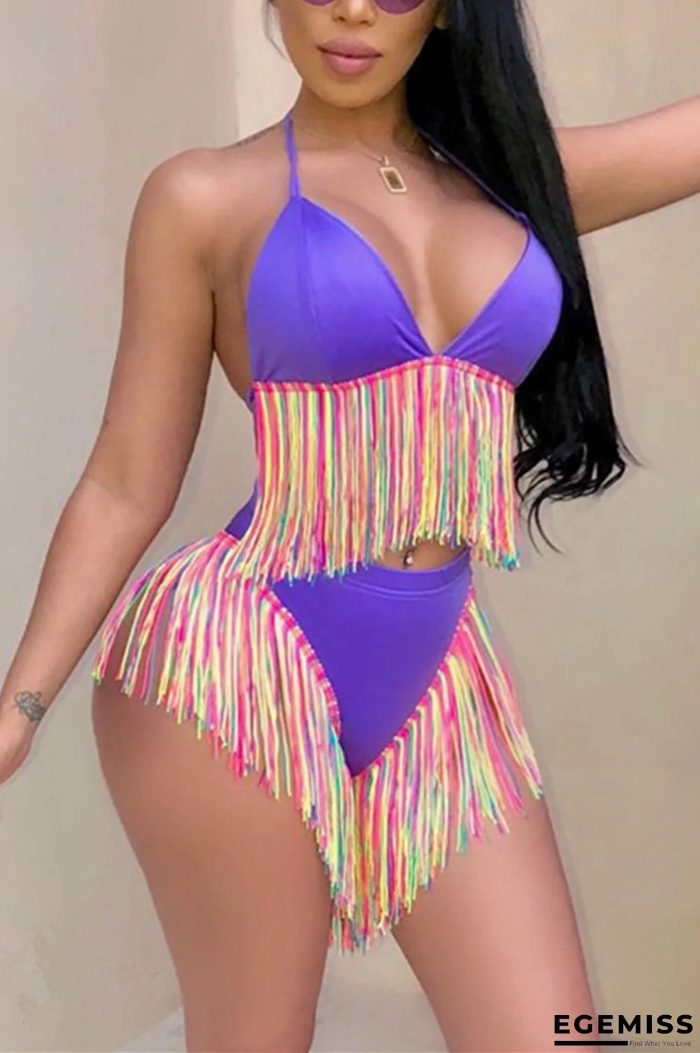 Purple Euramerican Patchwork Tassel Fringed Milk Fiber Two-piece Swimwear | EGEMISS