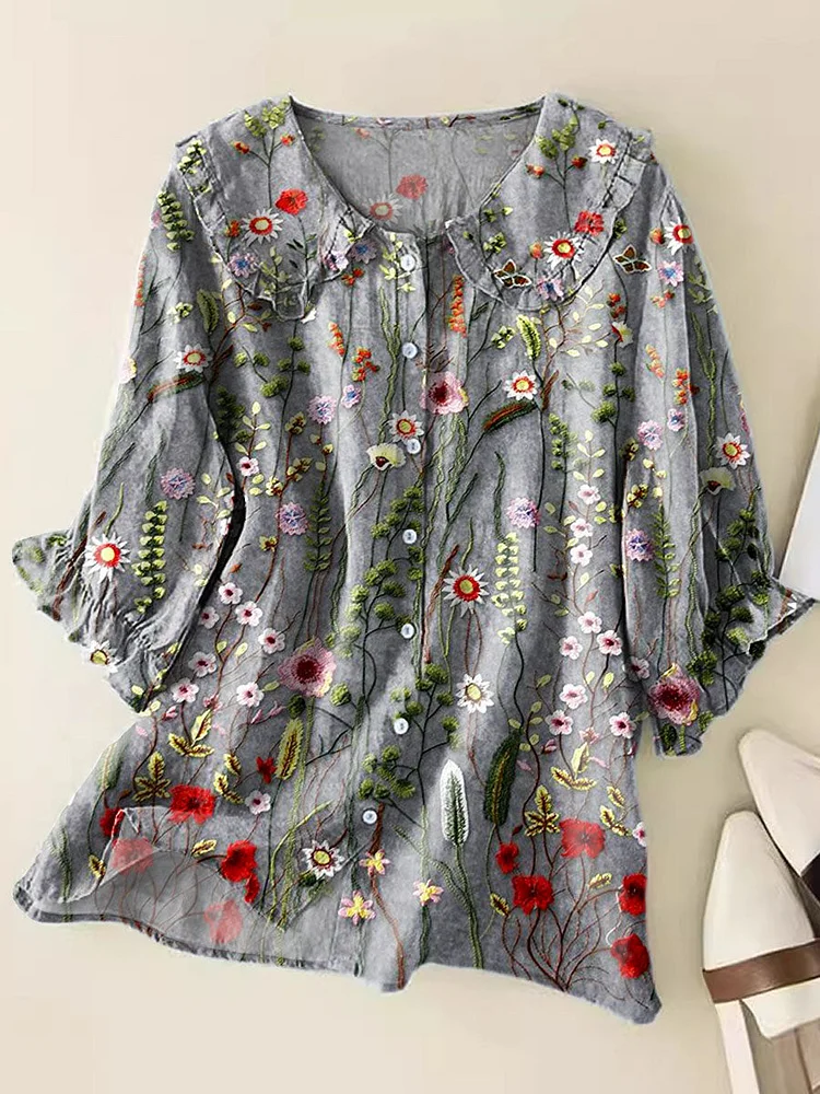 Women's Lovely Floral Art Print Casual Peter Pan Collar Cotton Shirt