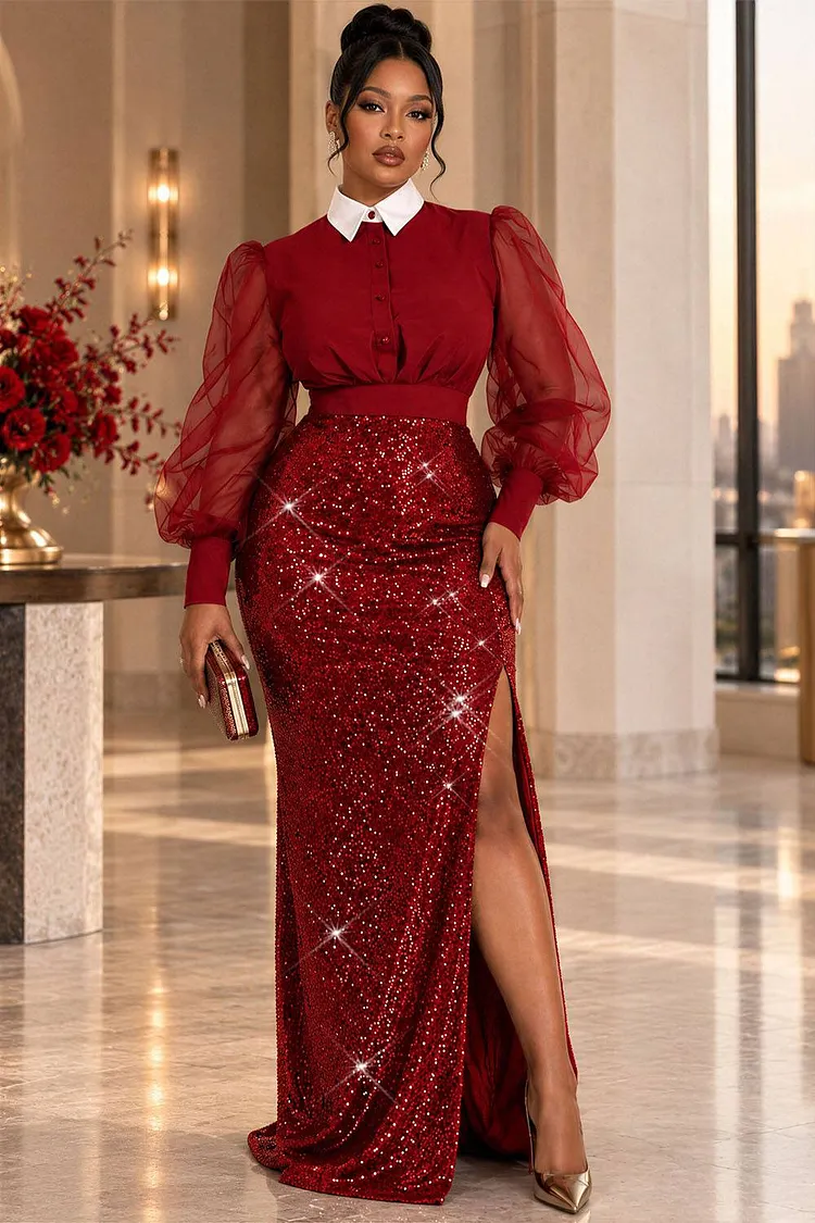 Xpluswear Design Plus Size Cocktail Party Burgundy Shirt Collar Long Sleeve Split See Through Sequin Two Piece Skirt Sets [Pre-Order] 2024 - Xpluswear