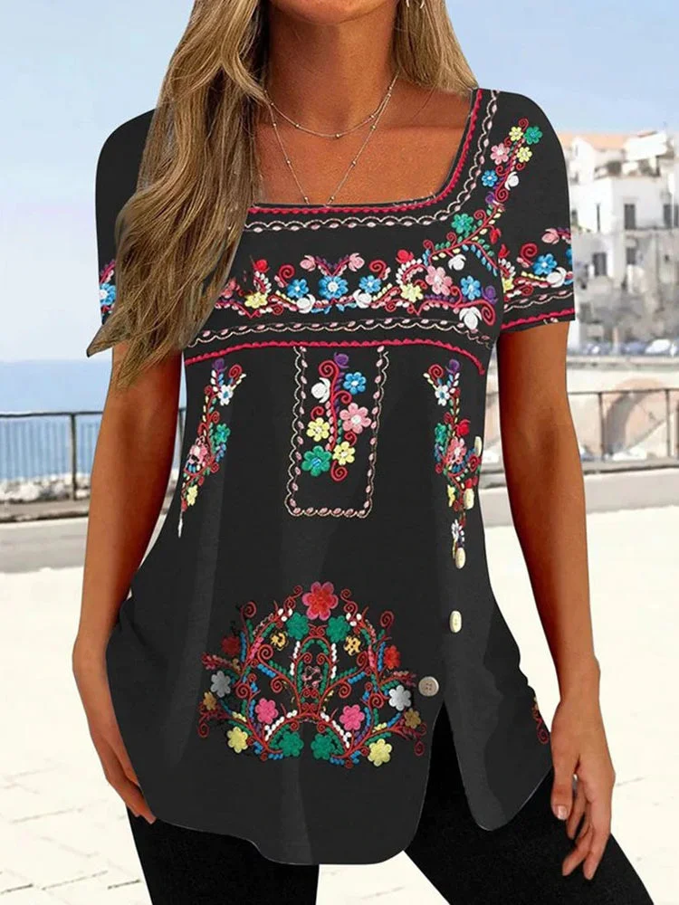 Women Short Sleeve U-neck Printed Button Graphic Tops