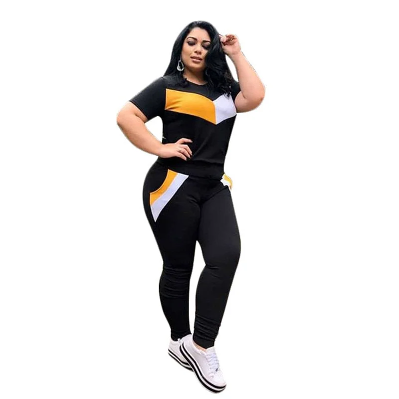 Plus Size 2 Piece Set Women Tracksuits Patchwork Crop Top Short Sleeve Leggings Jogger Sport Suit Stretch Wholesale Dropshipping