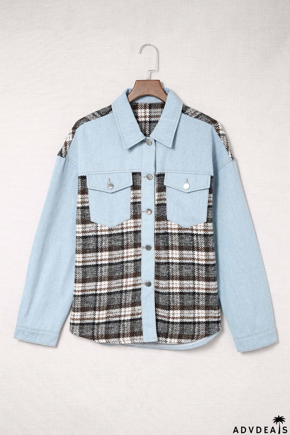 Plaid Patchwork Raw Hem Denim Jacket
