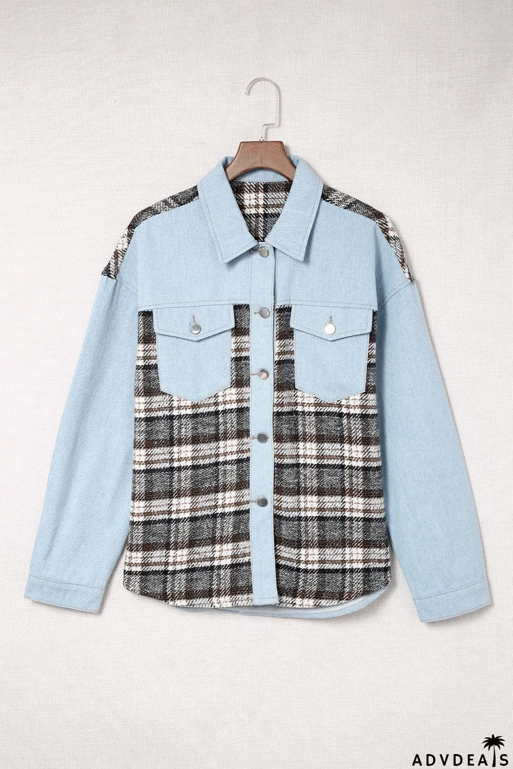 Plaid Patchwork Raw Hem Denim Jacket