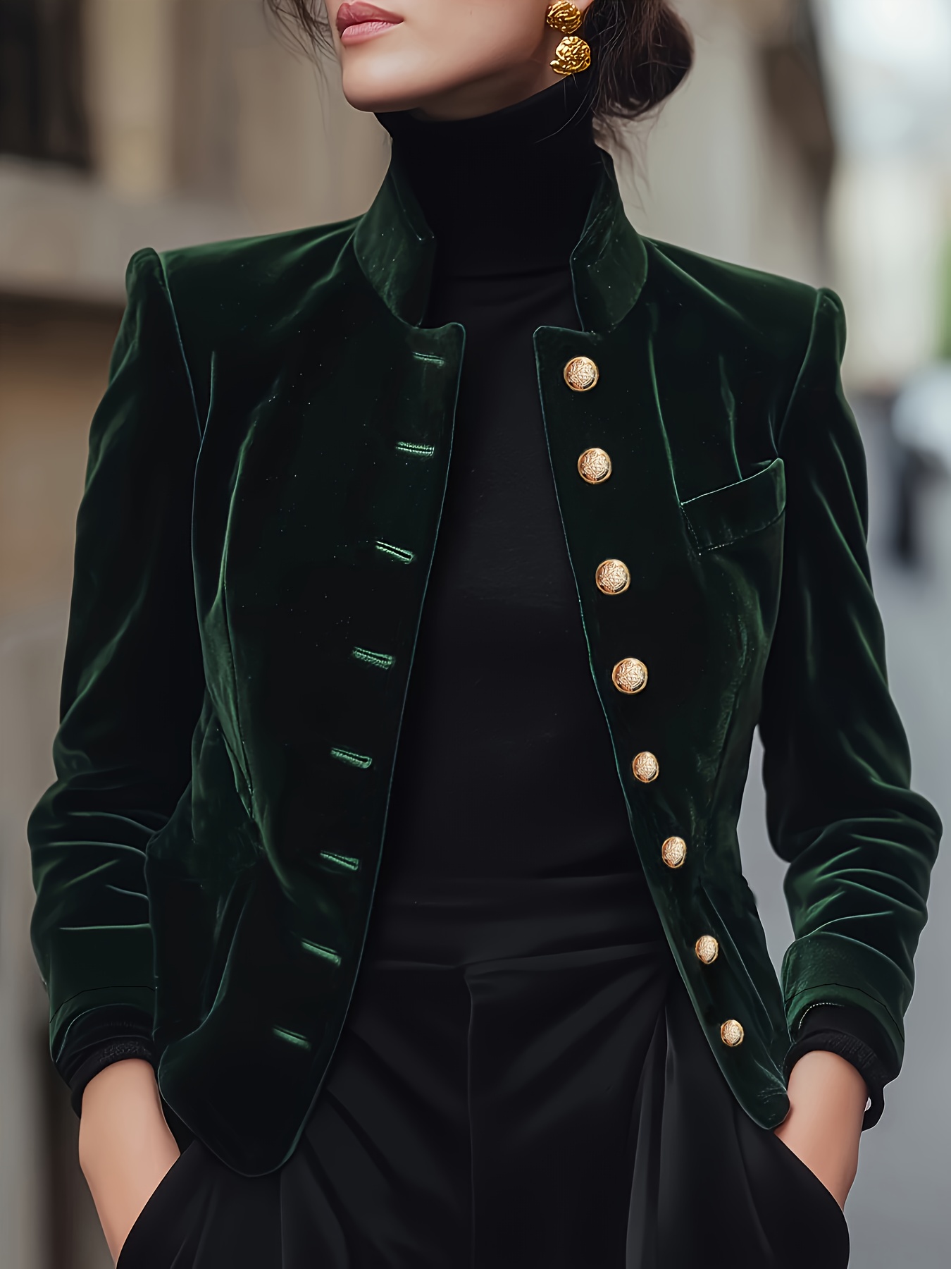Women's Solid Green Luxury Jacket - Elegant Golden-Tone Button Front Closure, Structured Collar & Golden Buttons, Machine Washable All-Season Tuxedo-like Blazer for Professional & Semi-Formal Wear, Solid Color with Golden Buttons & Cuff Details