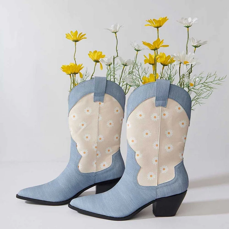 Blue & Nude Denim Pointed Toe Daisy Mid Calf Boots with Chunky Heels |FSJ Shoes
