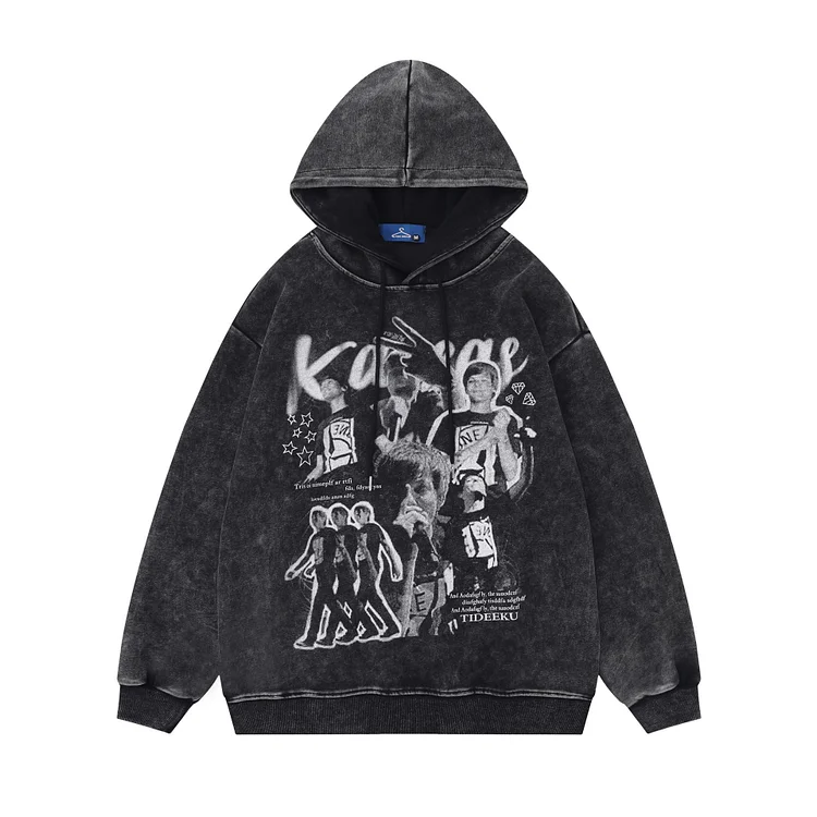 Street Washed Distressed Loose Character Print Hoodie at Hiphopee