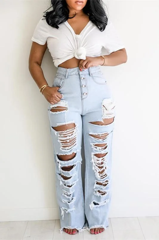 Fashion Casual Hole  Straight Leg Jeans