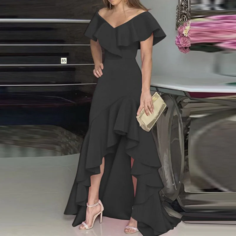 Elegant V-Neck Ruffle Irregular Elegant Maxi Dress