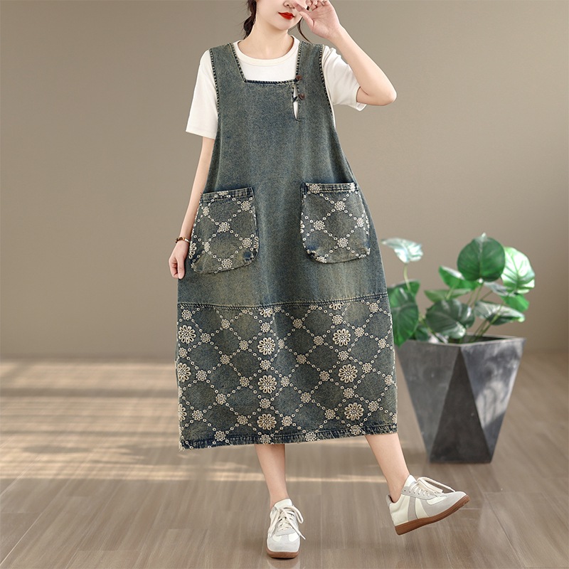 Casual Denim Jacquard Midi Dress