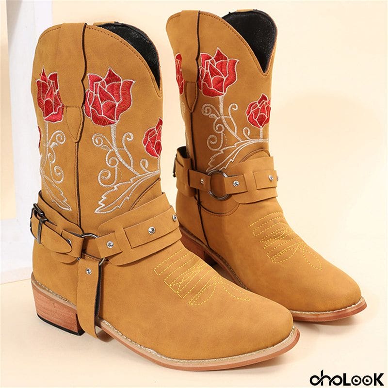 Womens Mid-Heel Fashion Embroidered Rose Mid-Calf Boots With Buckles