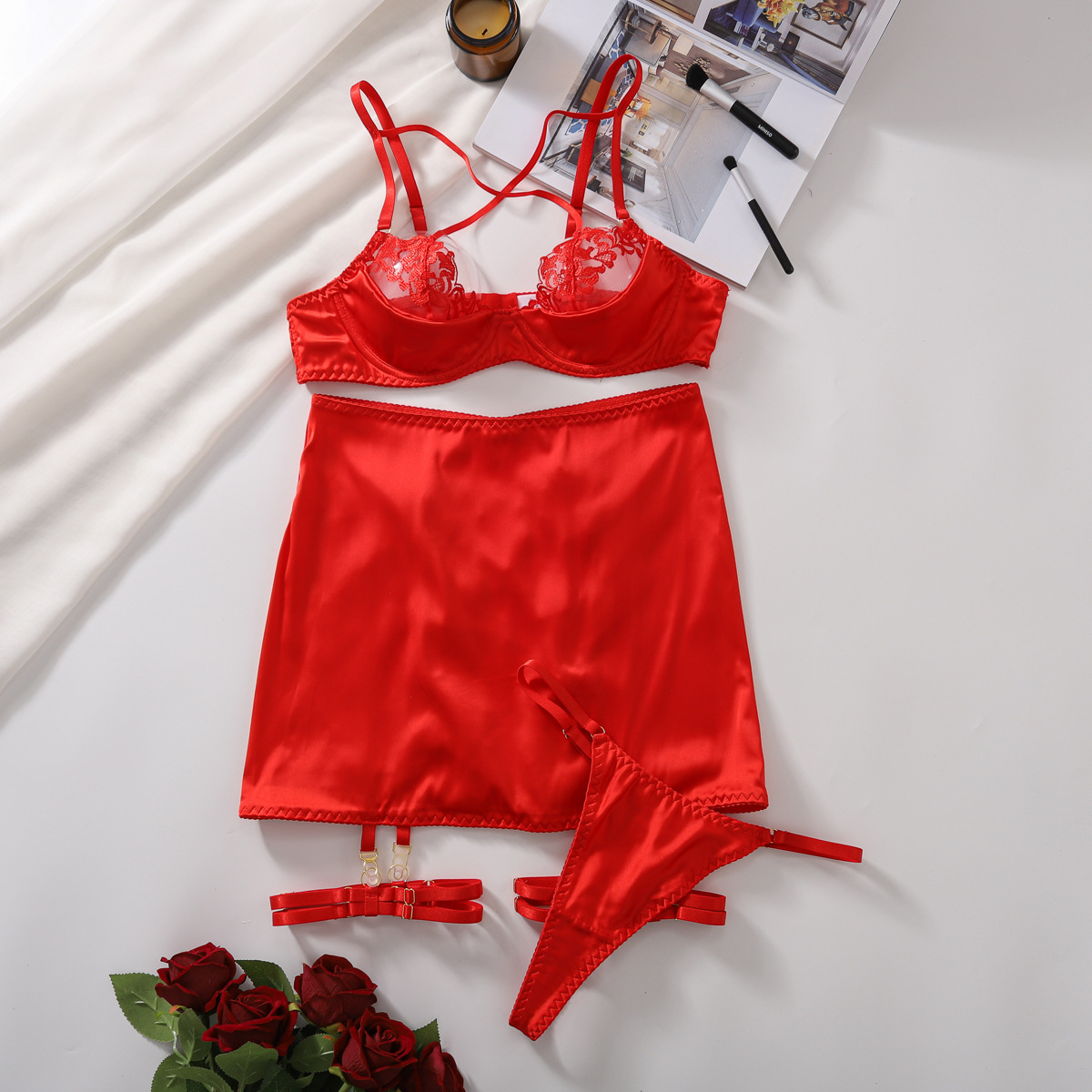 Lovingerie - Sexy Underwear Cross Strap Hip Skirt Sexy Five Piece Set