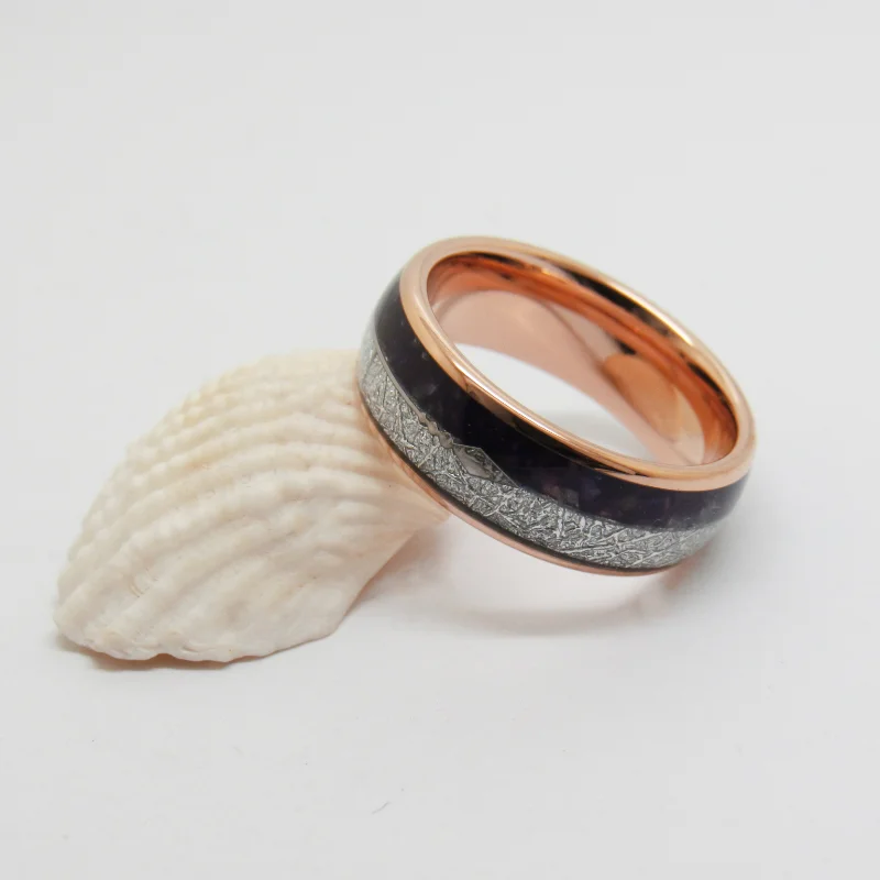 6MM 8MM Full Arc Electric Rose Gold Inlaid With Purple Lapis Lazuli Silver Wire Clip Silver Arrow Wedding Comfort Fit Couple Rings