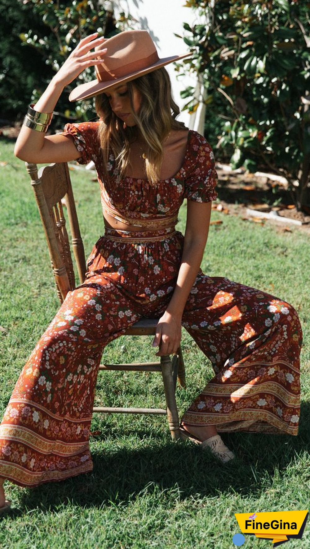 Coffee Floral Crop Top and Pants Matching Sets