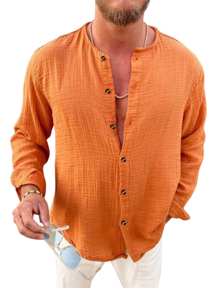 Men's Loose Casual Pleated Fabric Long Sleeve Stand Collar Shirt