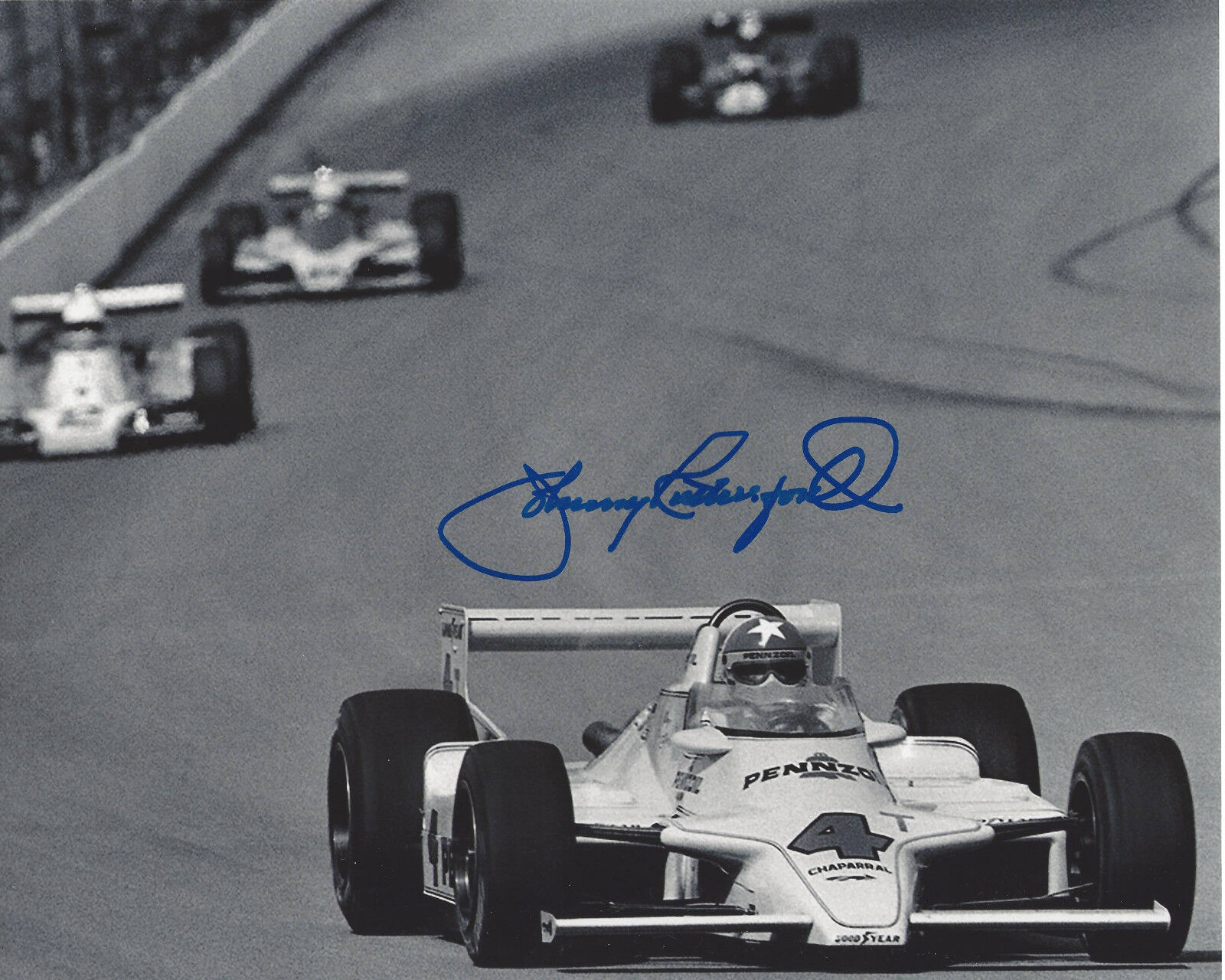 JOHNNY RUTHERFORD SIGNED AUTHENTIC INDY 500 3X WINNER 8X10 Photo Poster painting F w/COA DRIVER