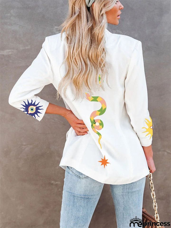 Women's White Slim Fit Print Small Suit Jacket for Summer