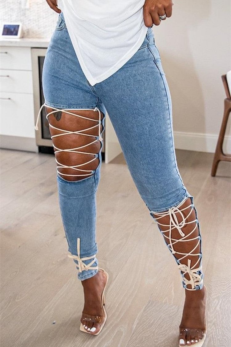 Xpluswear Plus  Size Casual Solid Denim Ripped Bandage Cut-out Legging Jeans