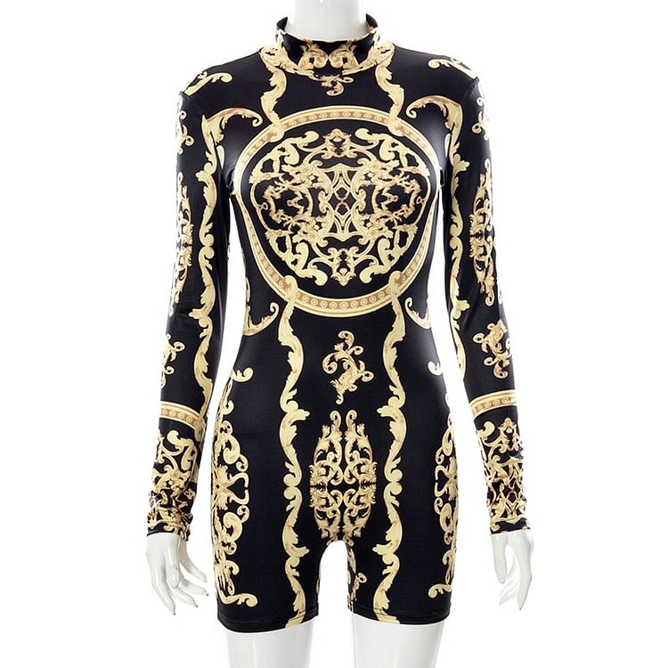 Hugcitar Classical Print O Neck Long Sleeve Playsuit 2022 New Year Sexy Slim Sports Elegant Casual Streetwear Concise Y2K