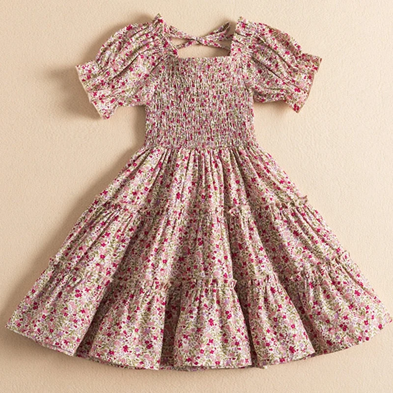 Summer New Girls Sleeveless Strap Princess Dressses Children Casual Flower Print Cloth Kids Fashion Party Smocked Dress For Girl