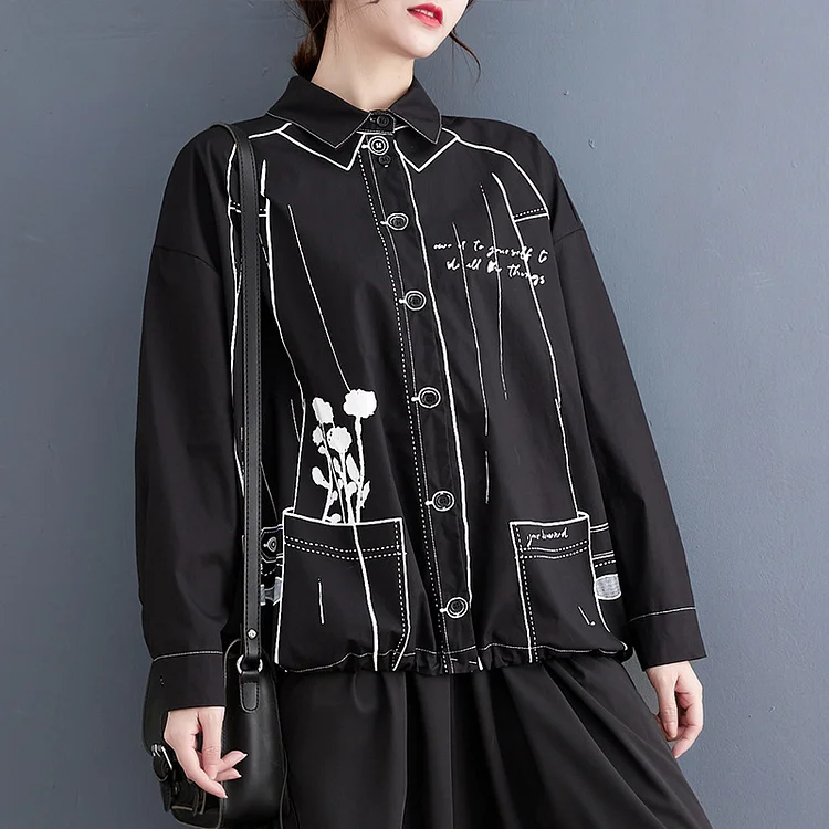 Loose Printed Drawstring Long Sleeve Lapel Shirt - yankia