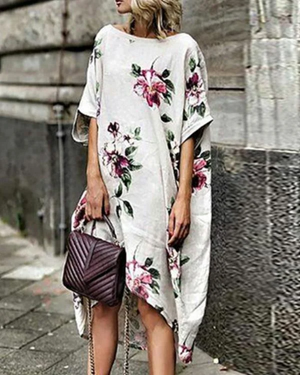 White Shift Women Half Sleeve Printed Floral Floral Dress